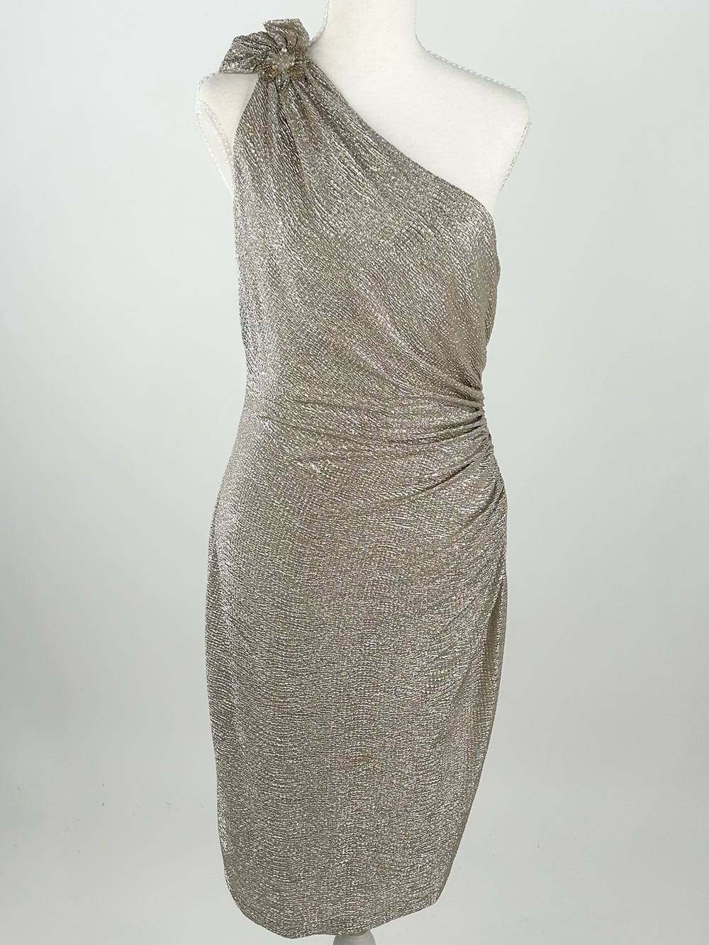 David Meister Metallic One Shoulder Ruched Beaded Cocktail Dress Size 8